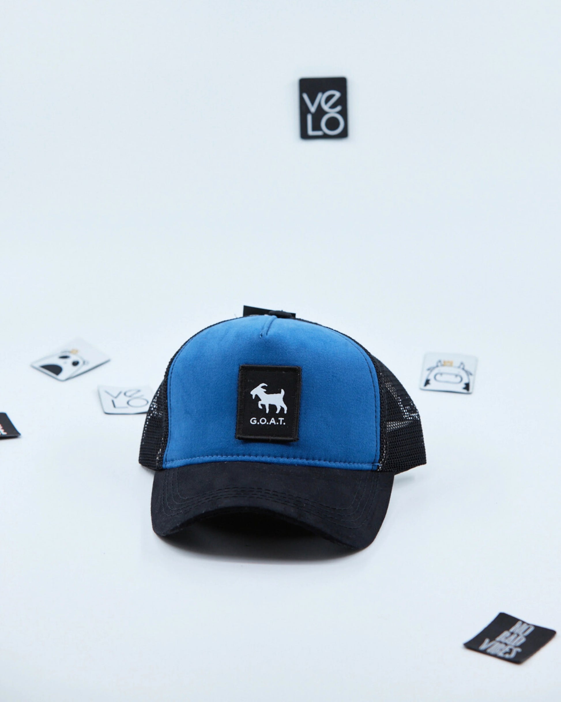 Front view of Blue and Black Customisable Trucker Cap