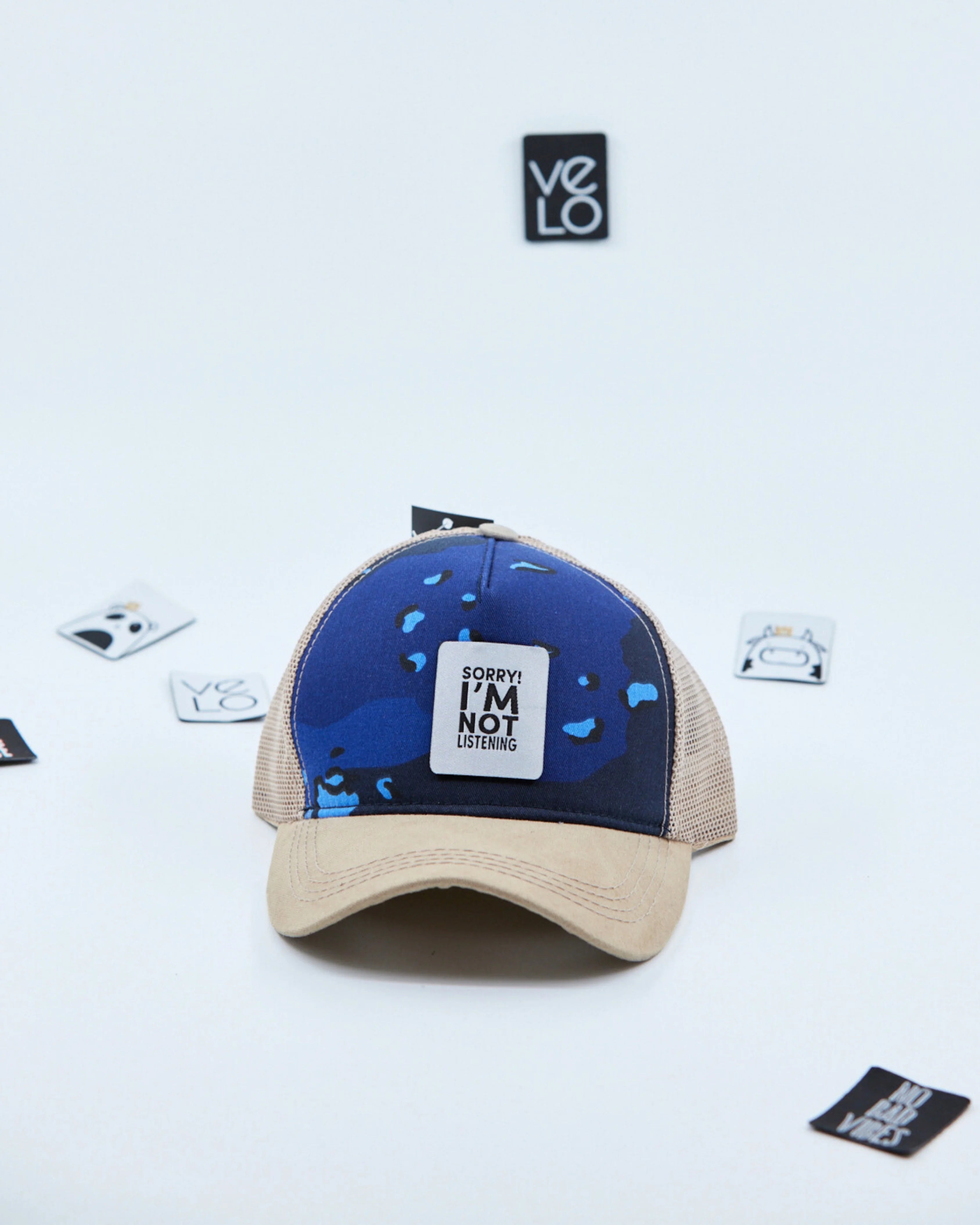 Front view of Blue Camo and Beige Customisable Trucker Cap