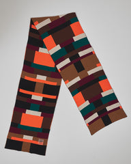 Brick Grid oversized acrylic scarf flat lay in orange, brown, teal, burgundy, black and cream