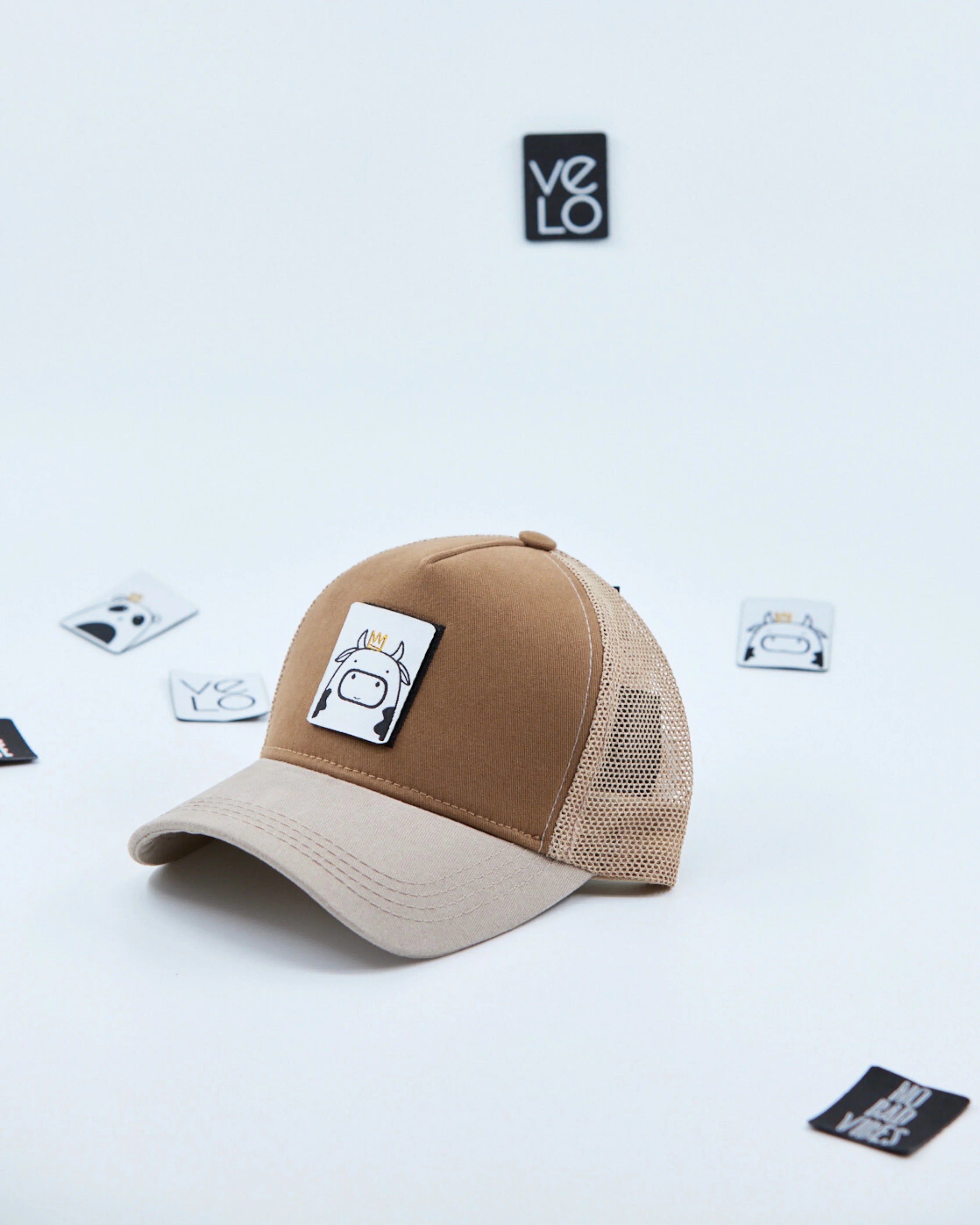 Size view of Brown and Beige Customisable Trucker Cap with patches