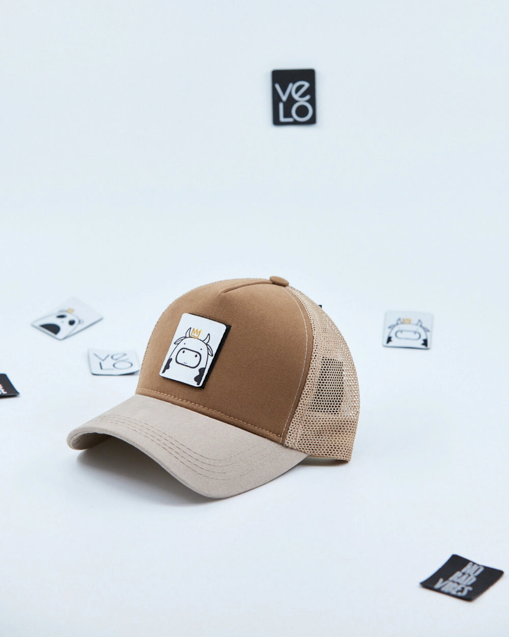 Size view of Brown and Beige Customisable Trucker Cap with patches
