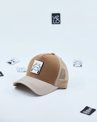 Size view of Brown and Beige Customisable Trucker Cap with patches