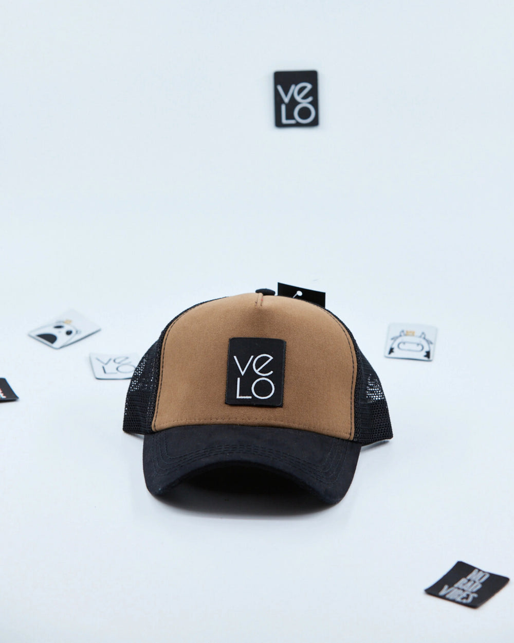 Front view of Brown and Black Customisable Trucker Cap