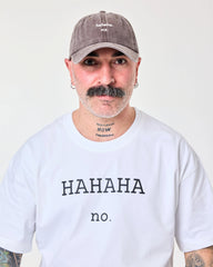 man wearing Hahaha No Brown Washed Cap