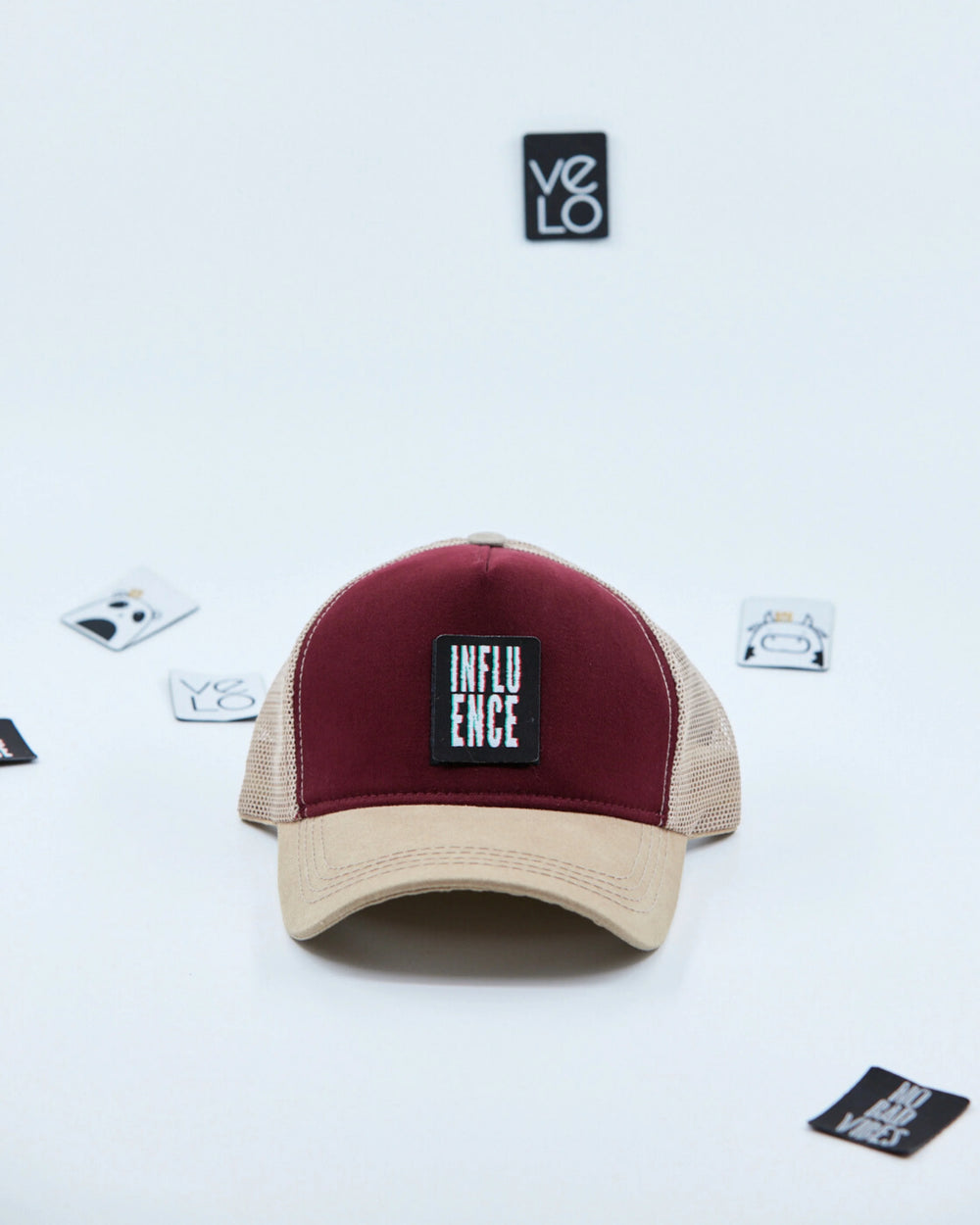 Front view of Burgundy and Beige Trucker Cap