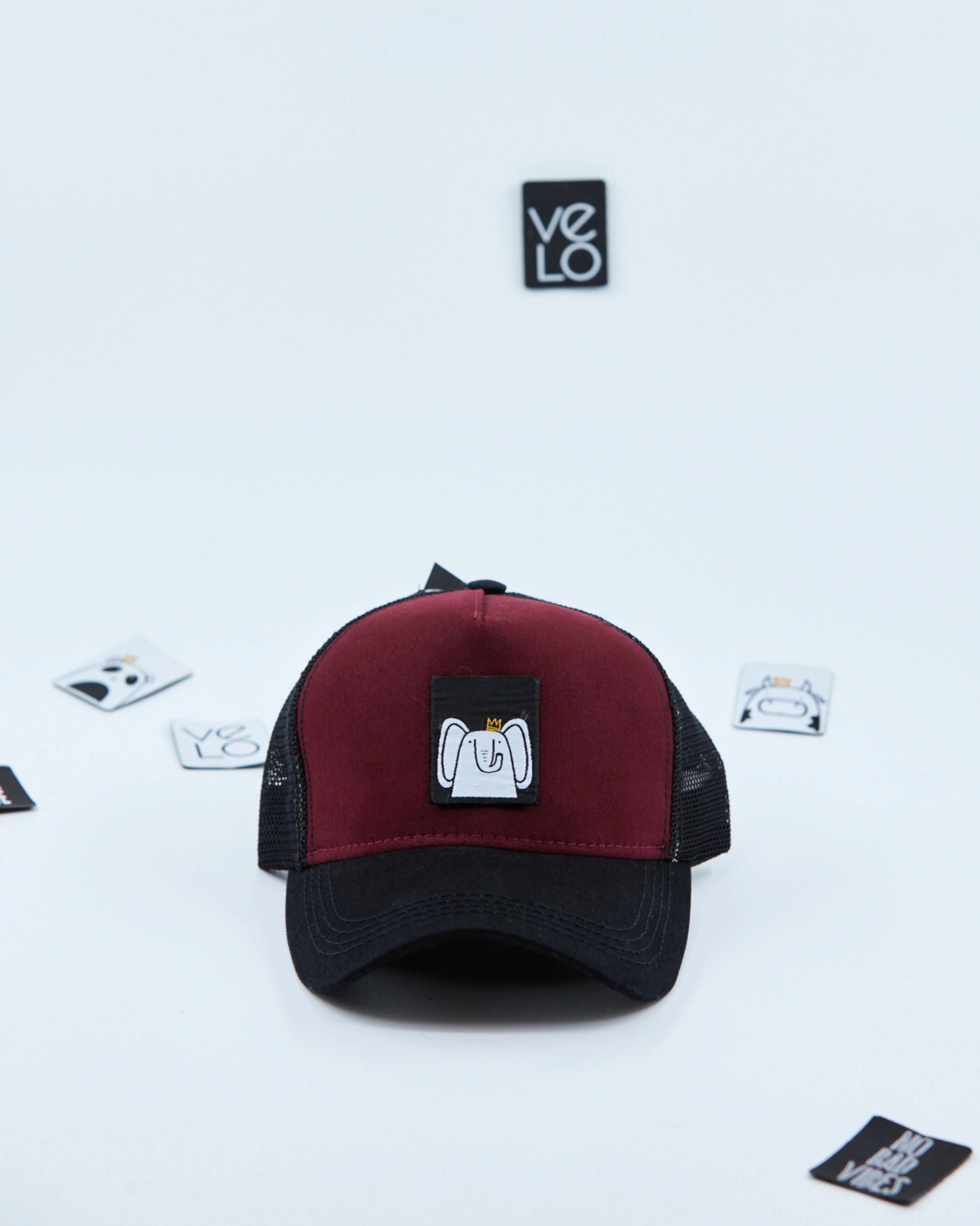 Front view of Burgundy and Black Customisable Trucker Cap