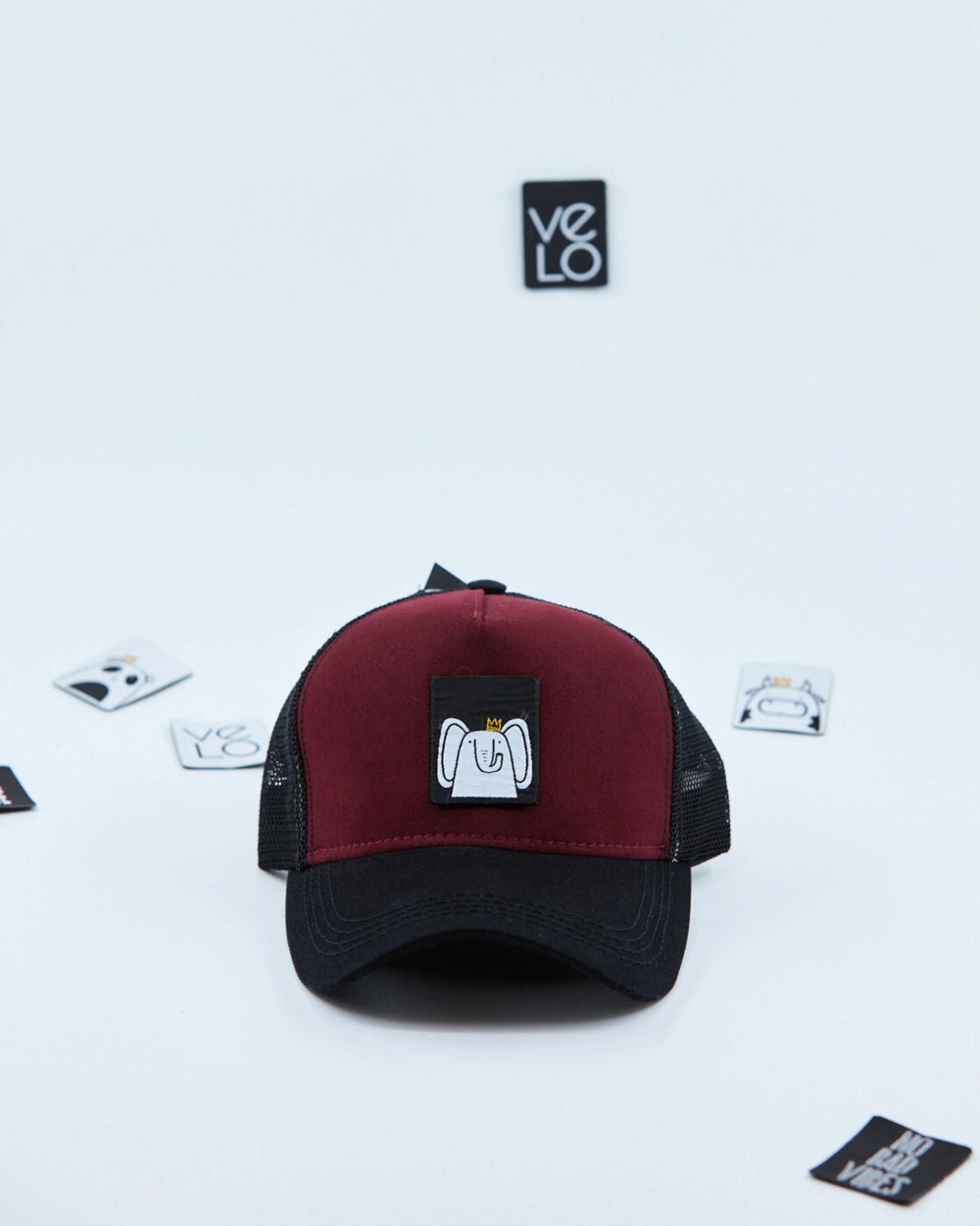 Front view of Burgundy and Black Customisable Trucker Cap