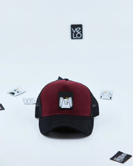 Front view of Burgundy and Black Customisable Trucker Cap