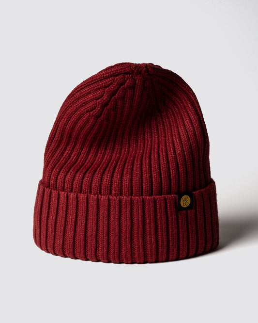 Burgundy Classic Beanie with a brand logo on a light gray background