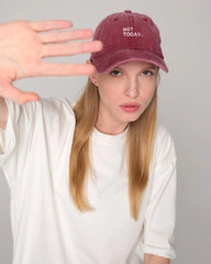 woman wearing Not Today Burgundy Washed Cap Hat