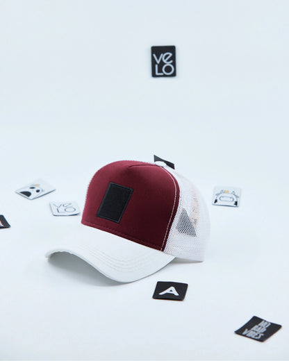 Side view of Burgundy and White Customisable Trucker Cap