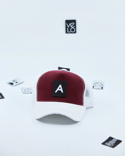 Front view of Burgundy and White Customisable Trucker Cap