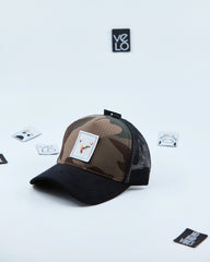 Side view of Brown Camo and Black Customisable Trucker Cap with patches