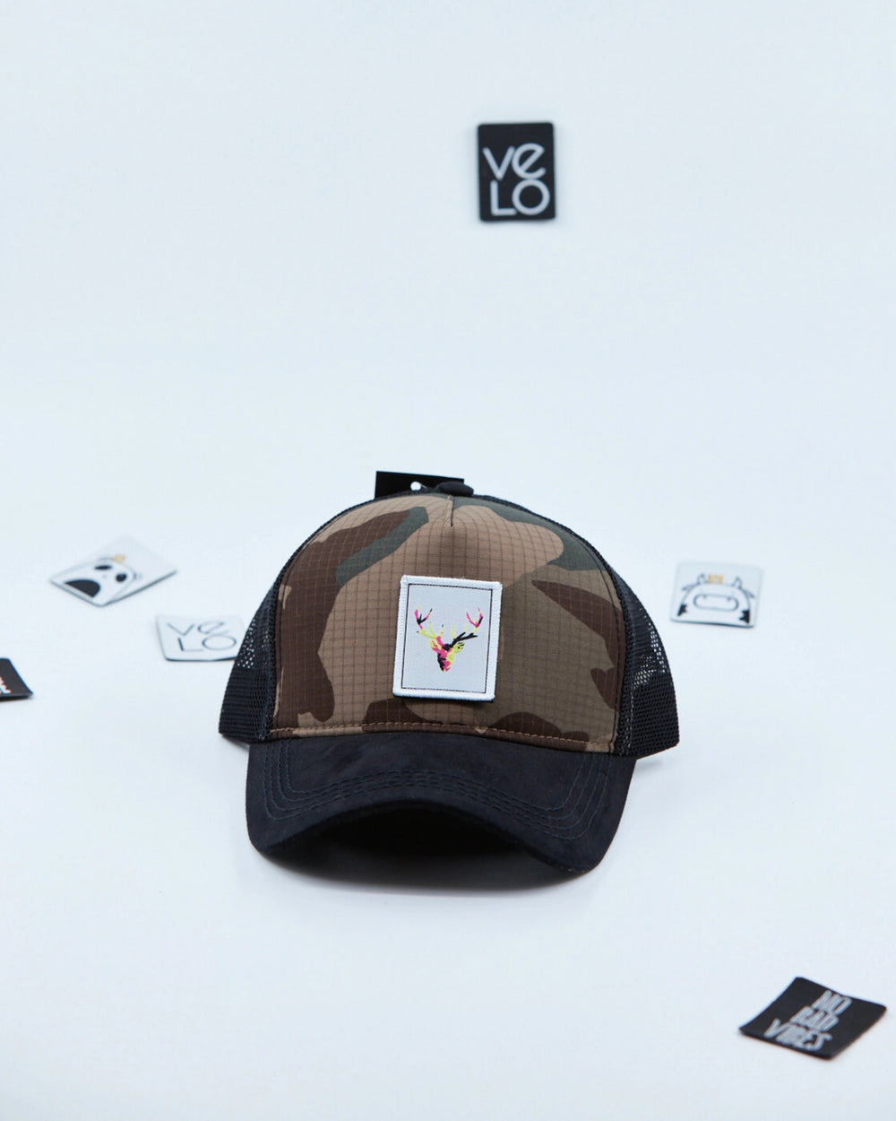 Front view of Brown Camo and Black Customisable Trucker Cap