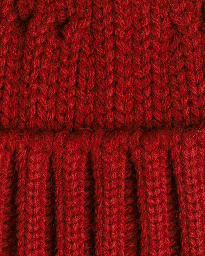 close look of chill red fisherman beanie