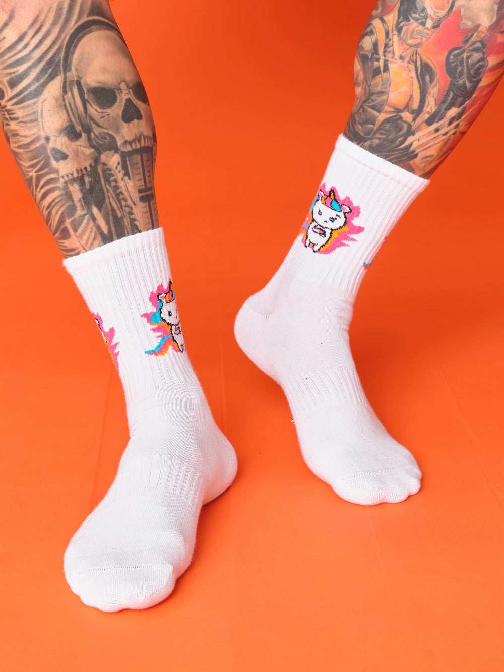 front view of colourful unicorn white socks