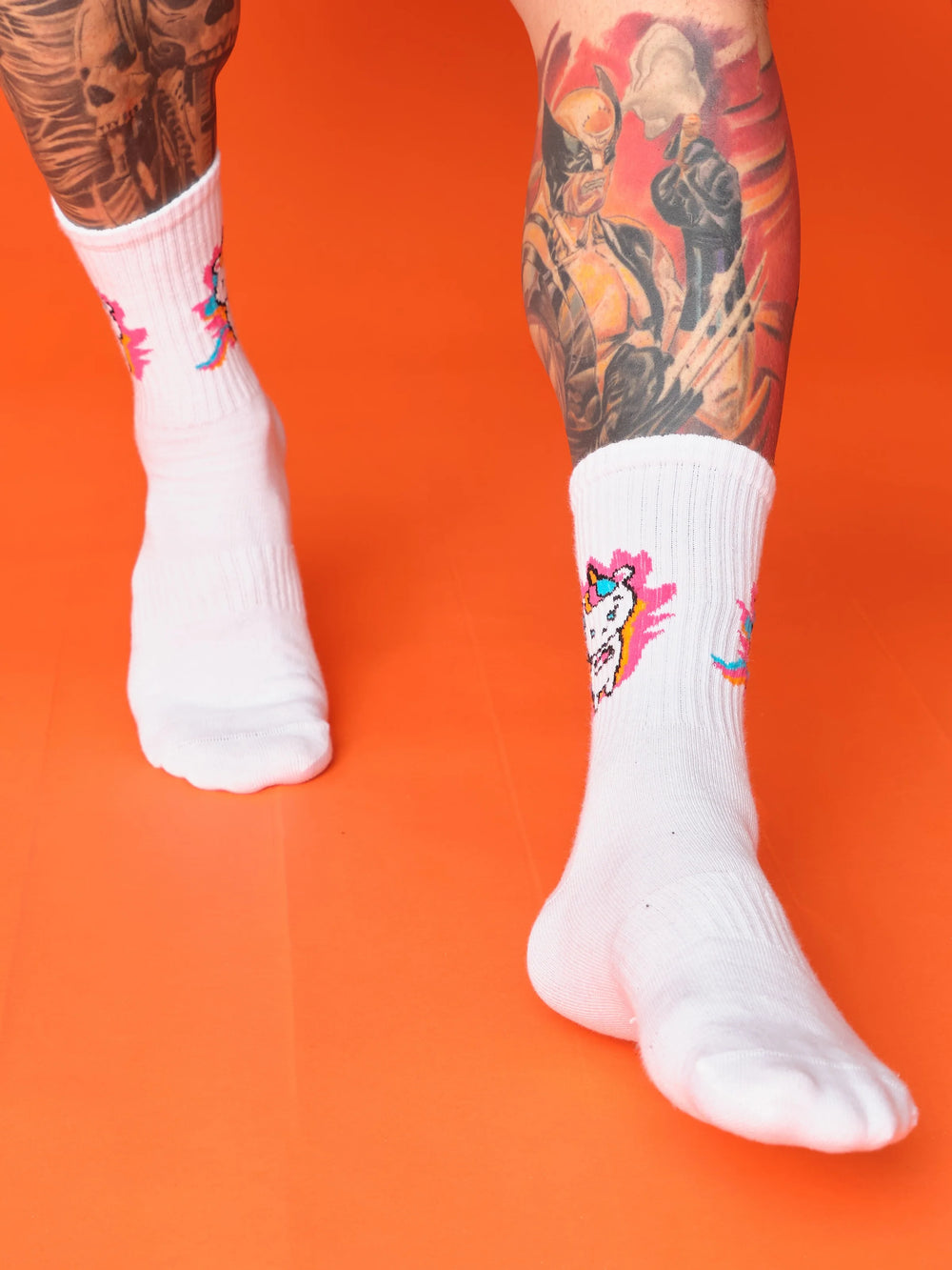 front view of colourful unicorn white socks