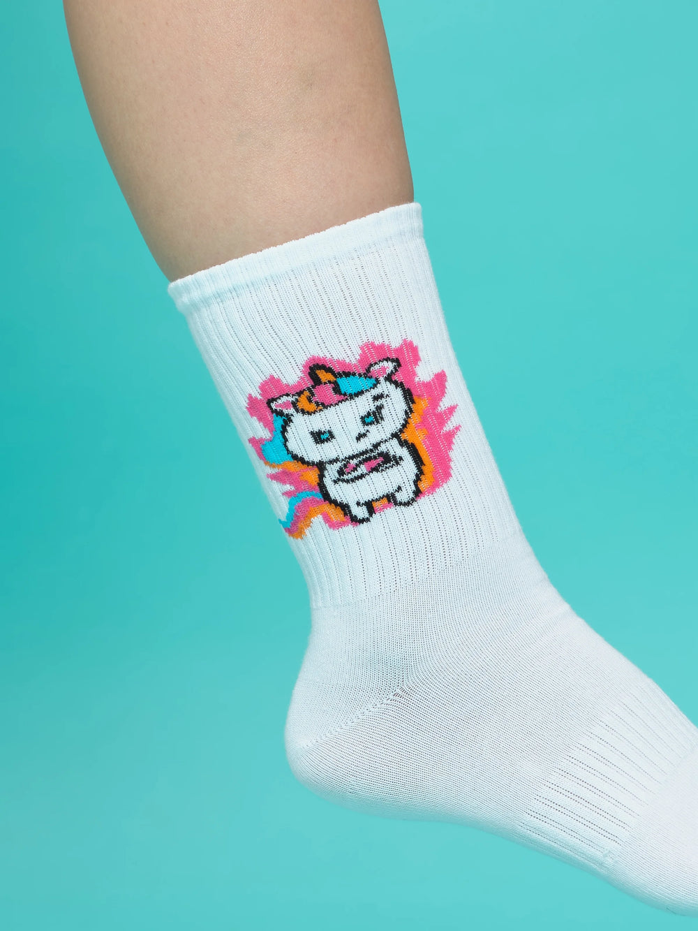 close view of colourful unicorn white socks