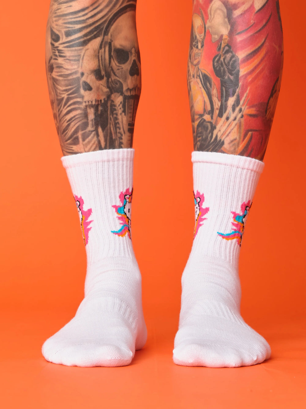 front view of colourful unicorn white socks