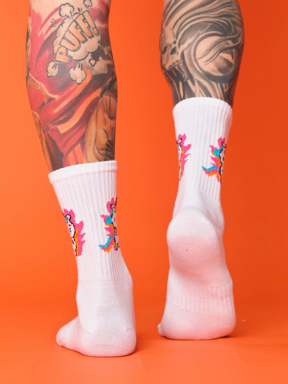 back view of colourful unicorn white socks