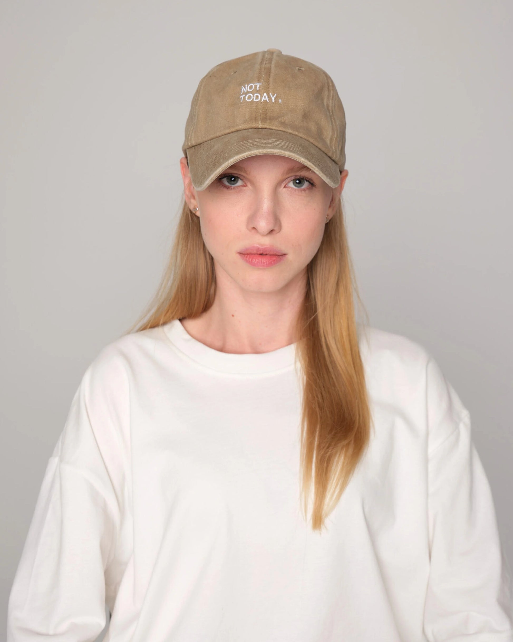 woman wearing Not Today Cream Washed Cap Hat