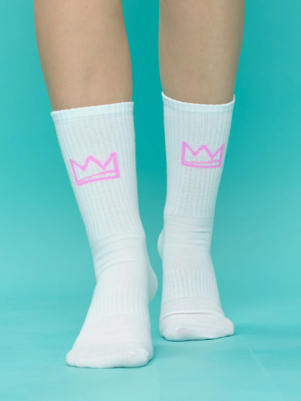front view of pink crown white socks