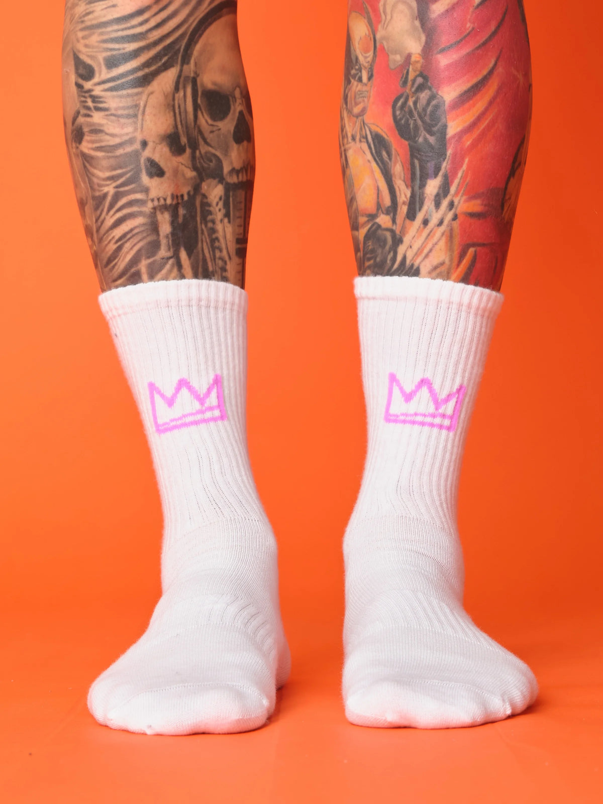 front view of pink crown white socks