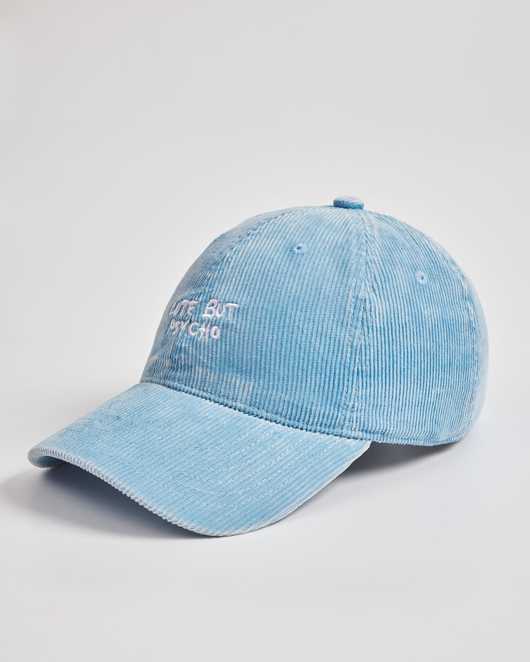 Light blue corduroy cap on a light gray background