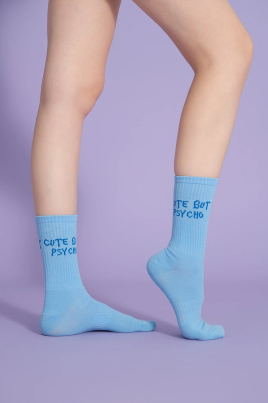 side view of blue cute but psycho socks