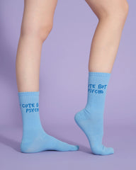 side view of blue cute but psycho socks