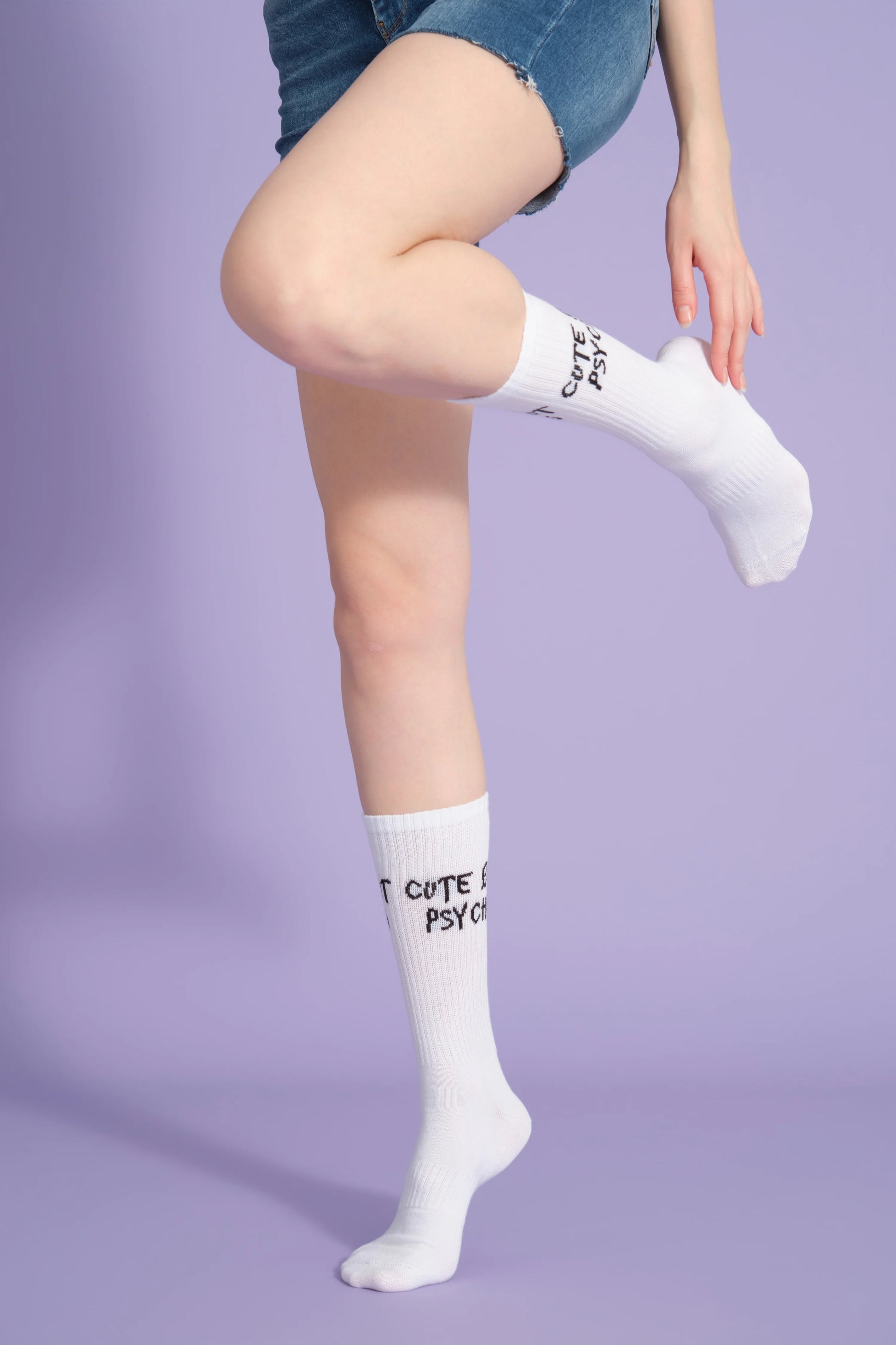 side view of white cute but psycho socks