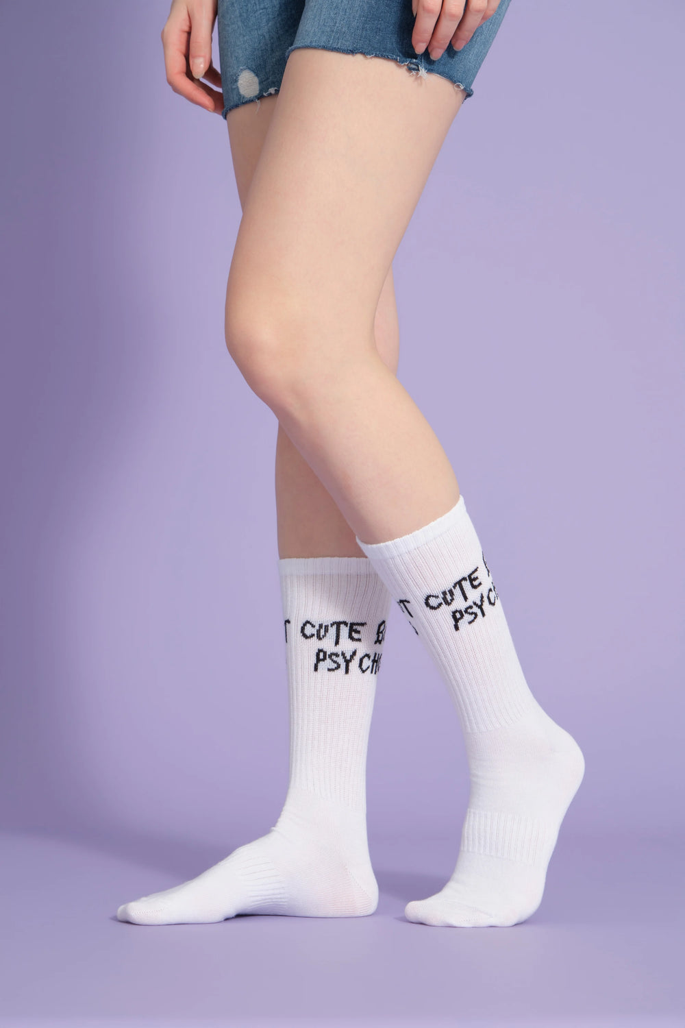 side view of white cute but psycho socks