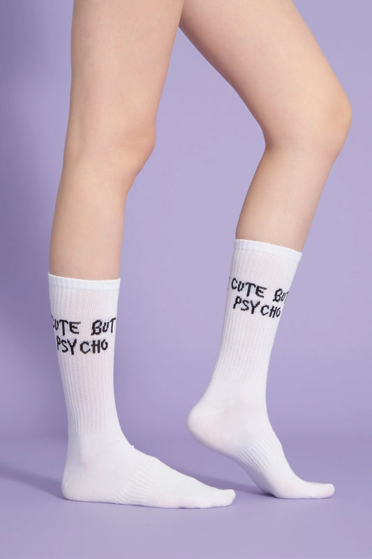 side view of white cute but psycho socks
