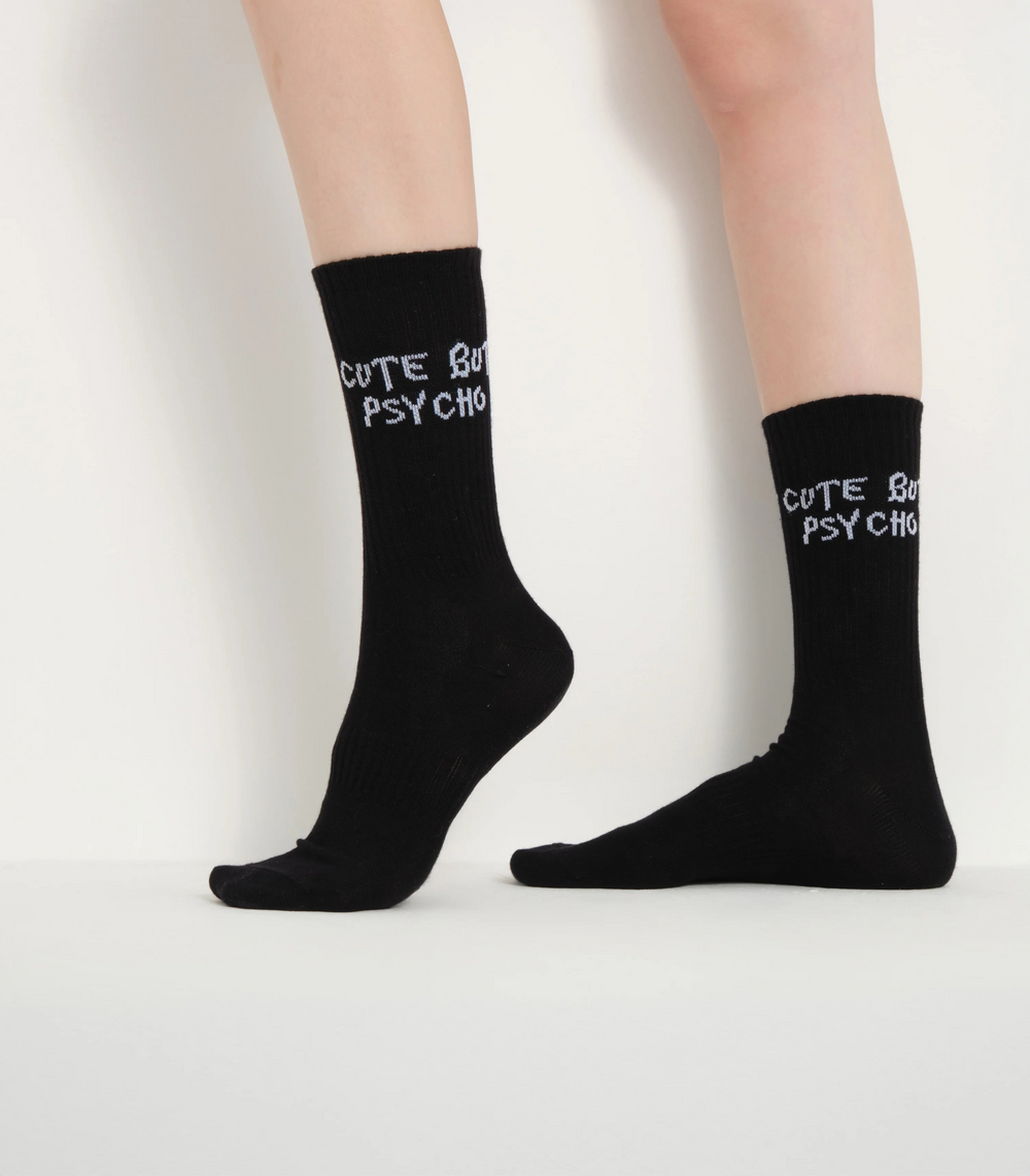 side view of black cute but psycho socks