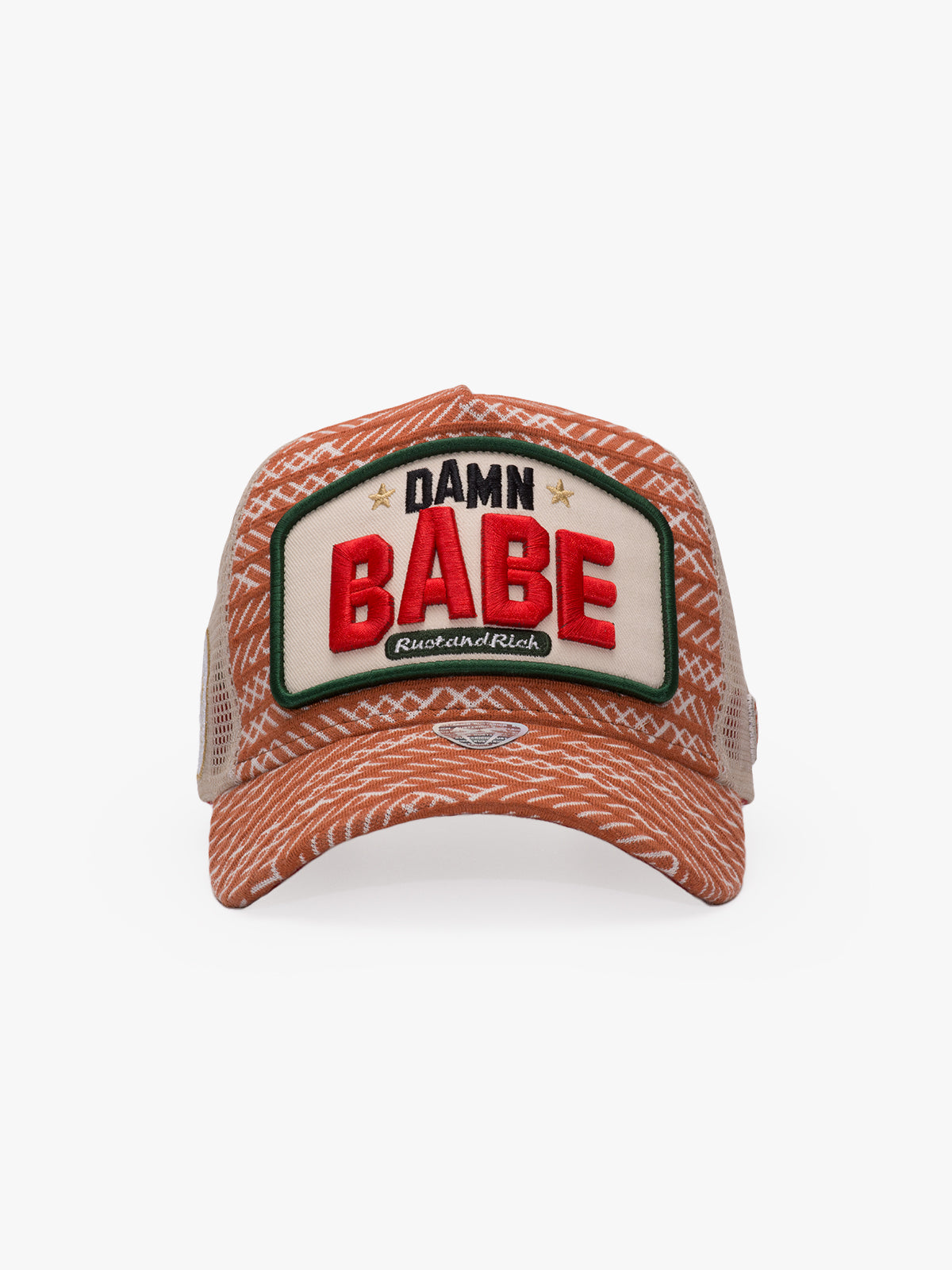 Front view of Damn Babe Brick Trucker Hat