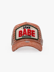 Front view of Damn Babe Brick Trucker Hat