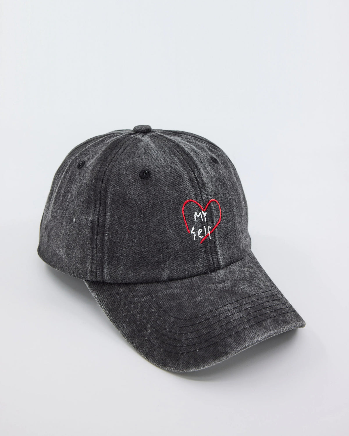 side view of Dark Gray love Myself Washed Cap