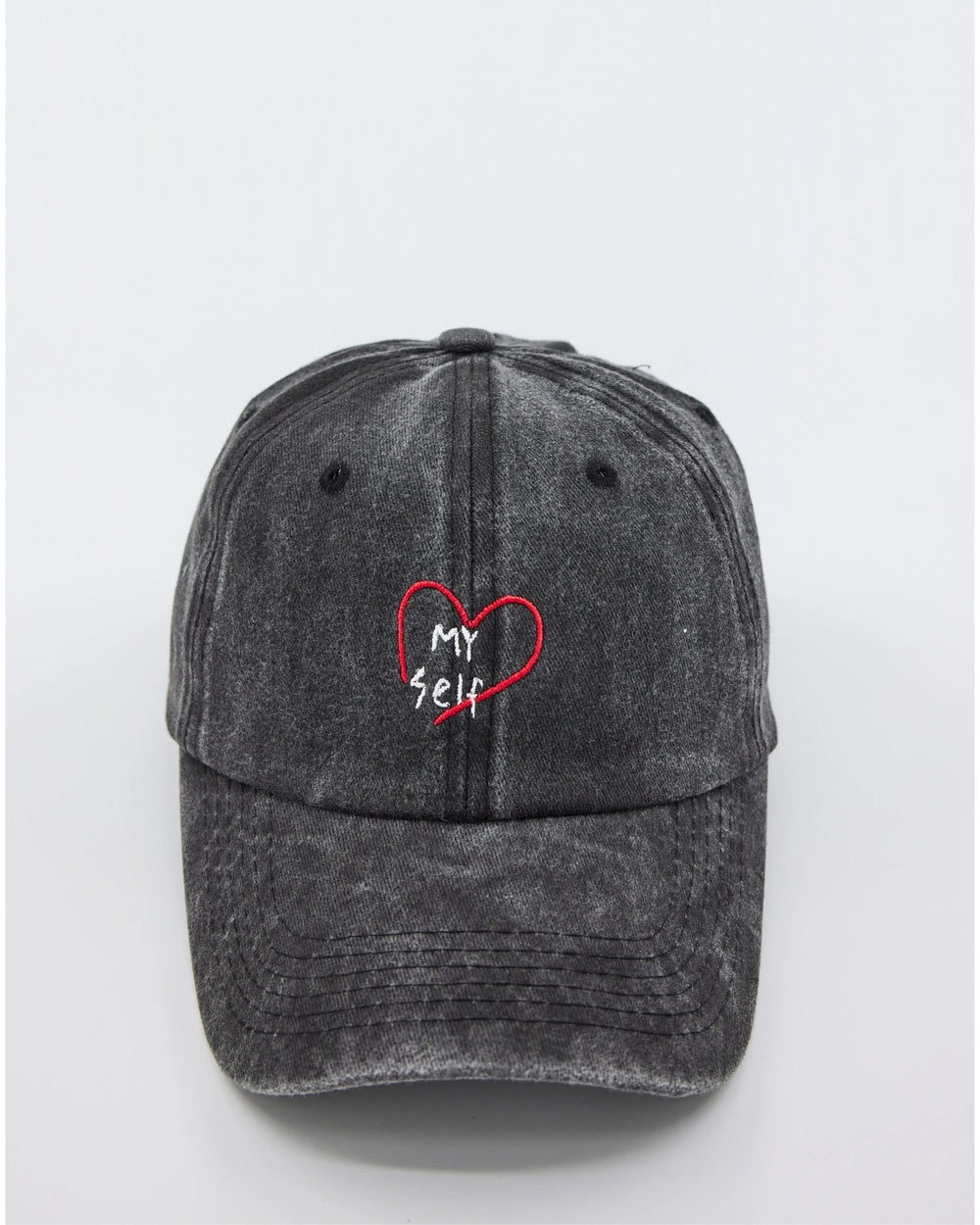 front view of Dark Gray Love Myself Washed Cap