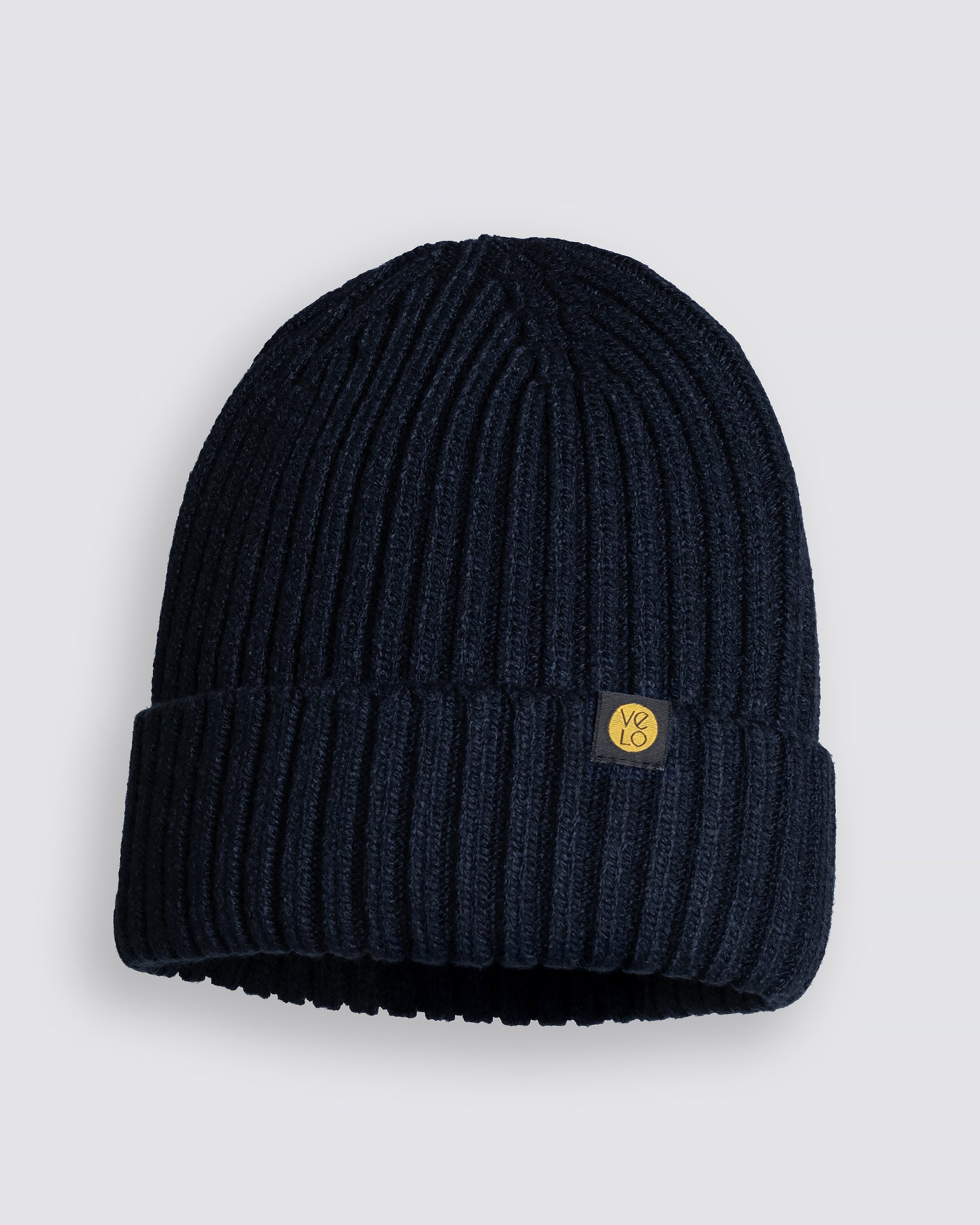 Dark Navy Classic Beanie with a logo on a light gray background