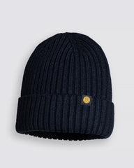 Dark Navy Classic Beanie with a logo on a light gray background