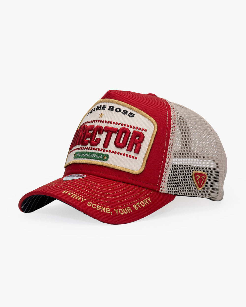 Director Red Trucker Hat on a white background