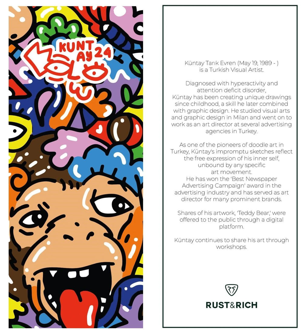 Colorful graphic with a stylized face and text about Kuntay Tarik Evren, a Turkish visual artist.