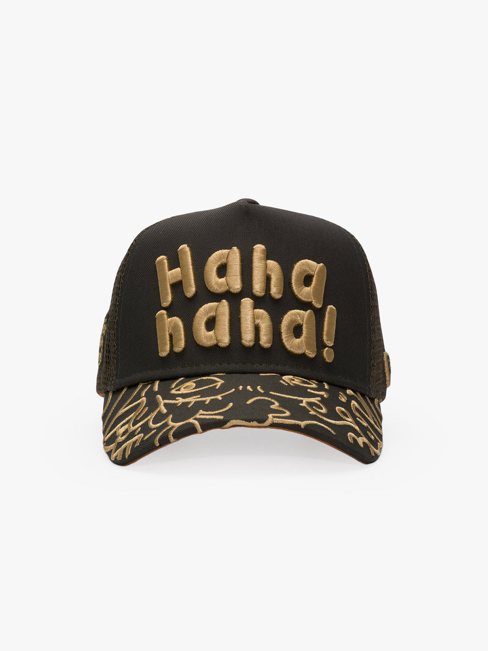 Khaki cap with gold 'Haha haha!' text on a white background