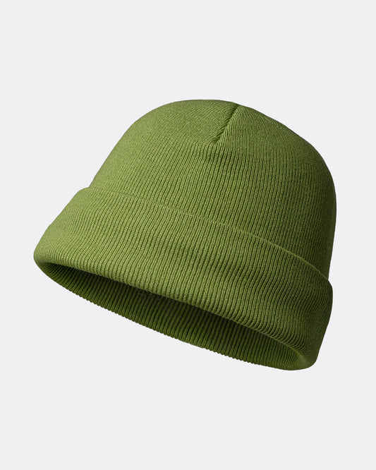 Forest reen beanie hat on a light gray background