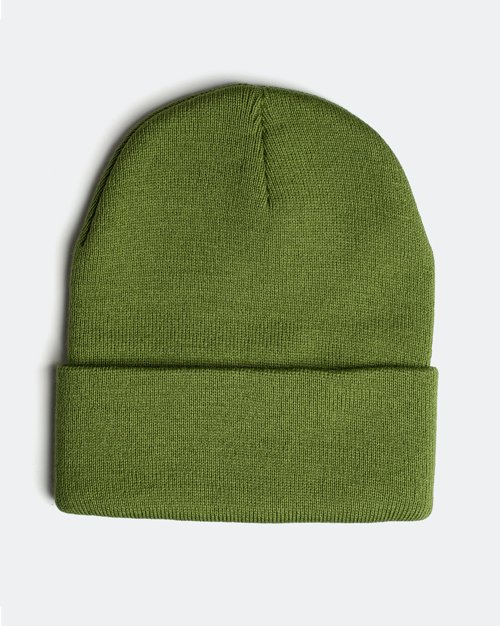 Forest green knit beanie on a white background