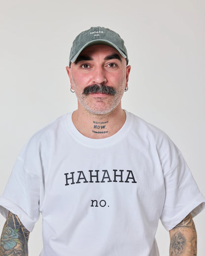 man wearing Hahaha No Forest Green Washed Cap