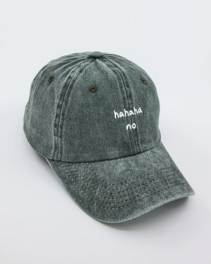 side view of Hahaha No Forest Green Washed Cap