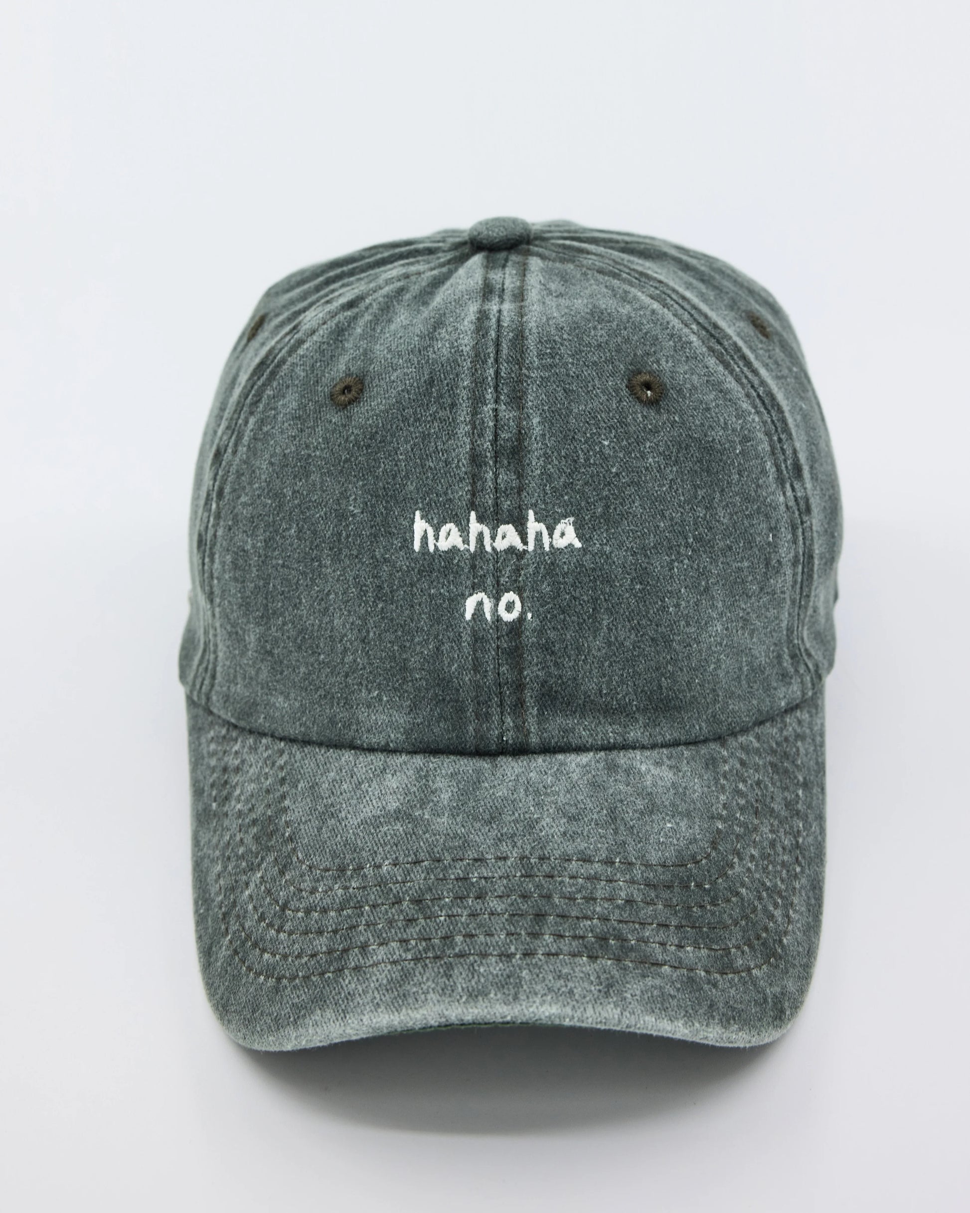 front view of Hahaha No Dark Green Washed Cap