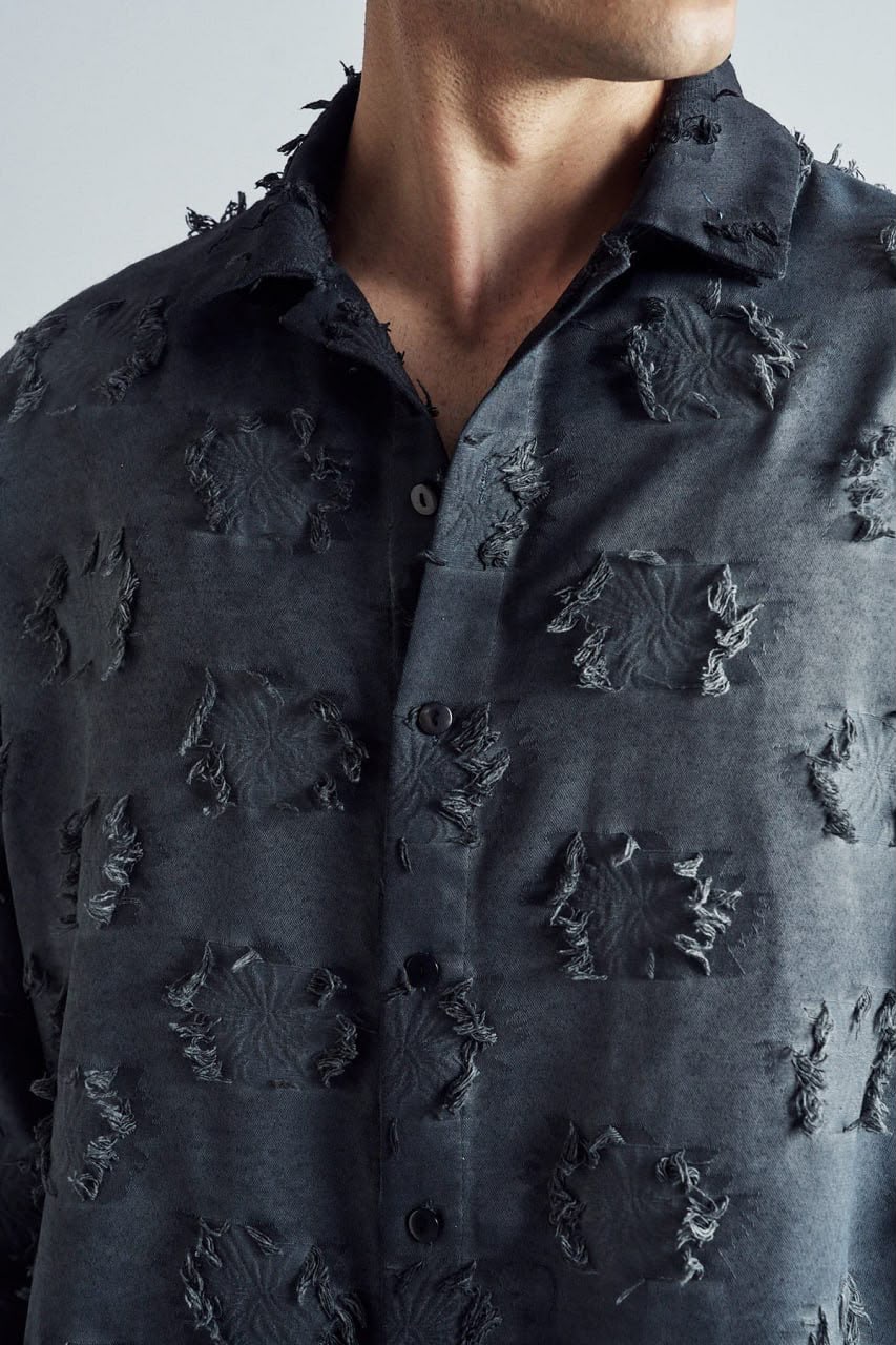 Frayed Grid Dark Navy Set - shirt detail