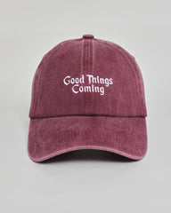 Good Things Coming burgundy washed cap - front view